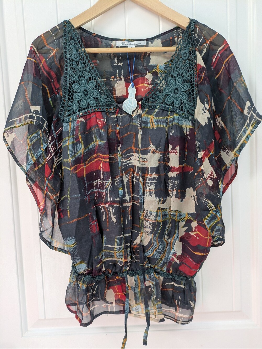Boho Silk Crochet Yoke Blouse -Anthropologie Brand Blue Tassel